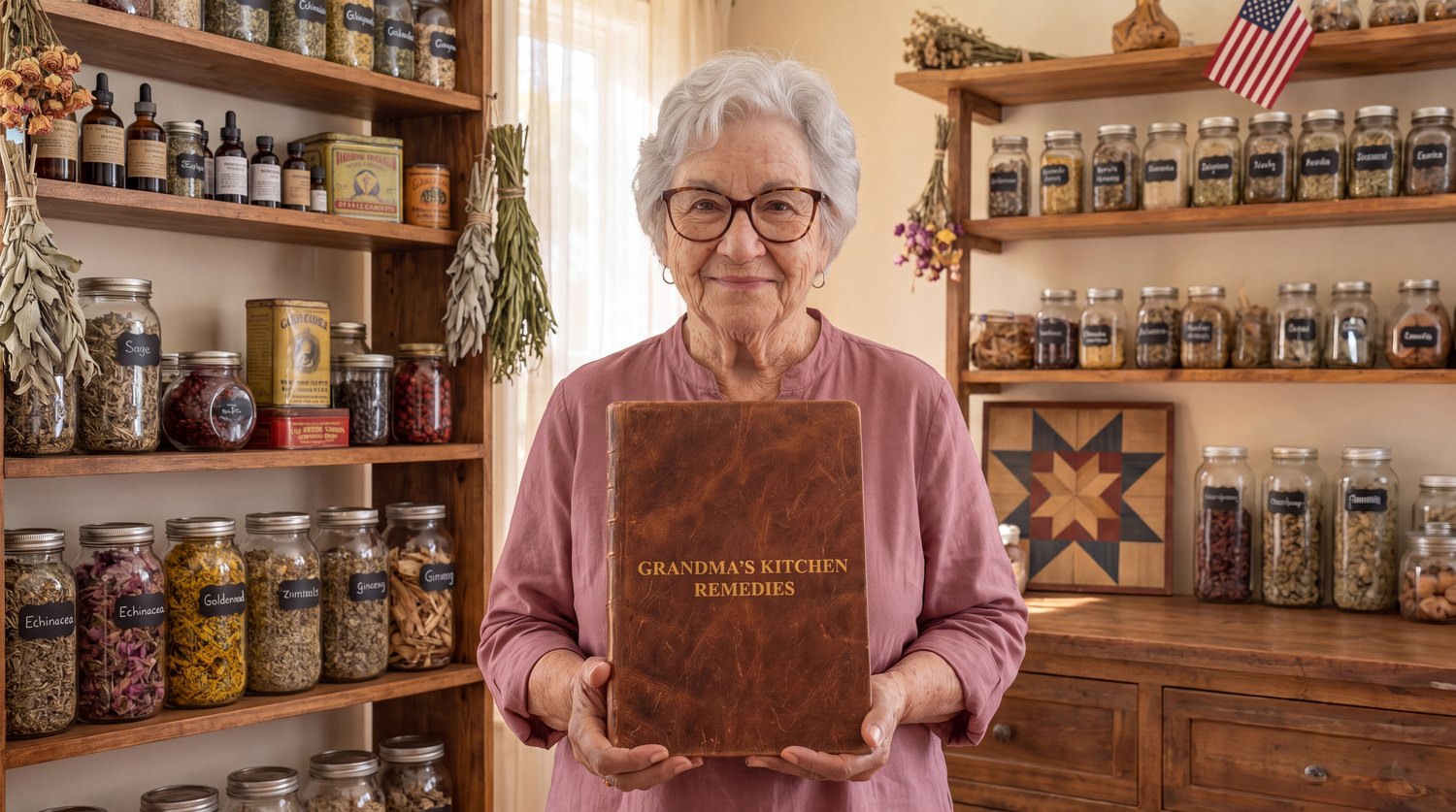 Grandma Martha holding the Kitchen Remedies book