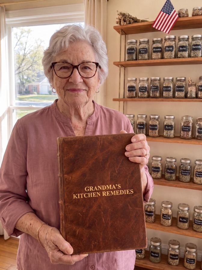 Martha holding the Grandma's Kitchen Remedies book