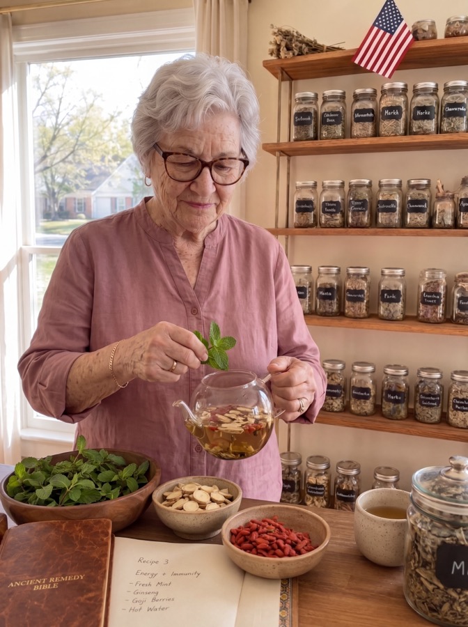 Martha brewing a fresh mint and herb tea in a glass teapot
