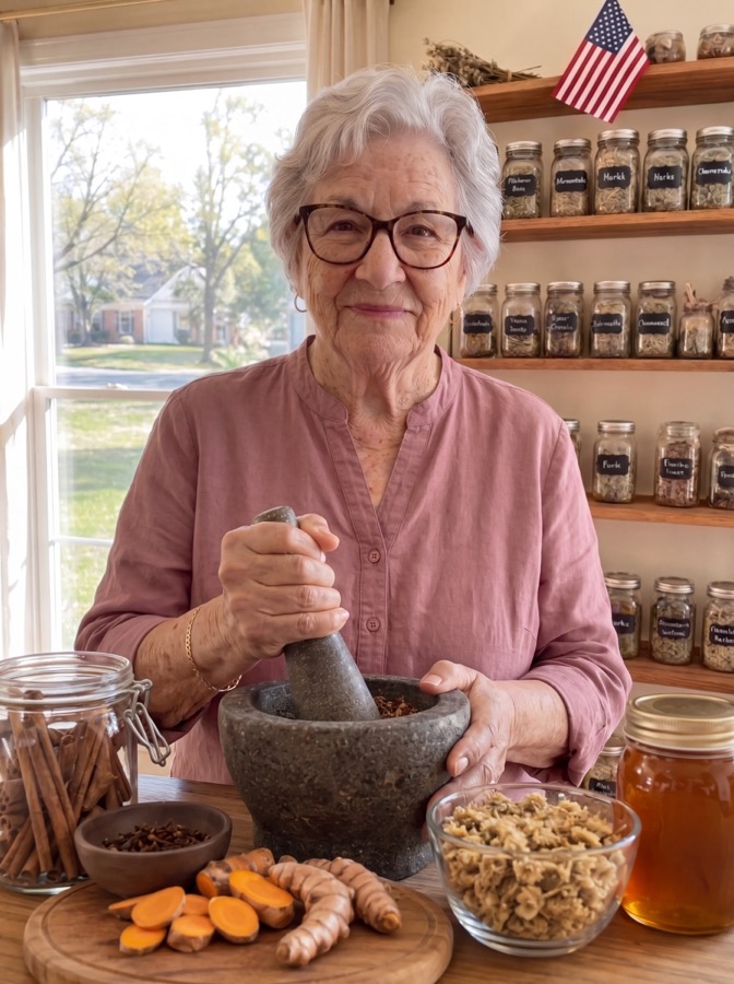 Martha grinding warming spices with a mortar and pestle